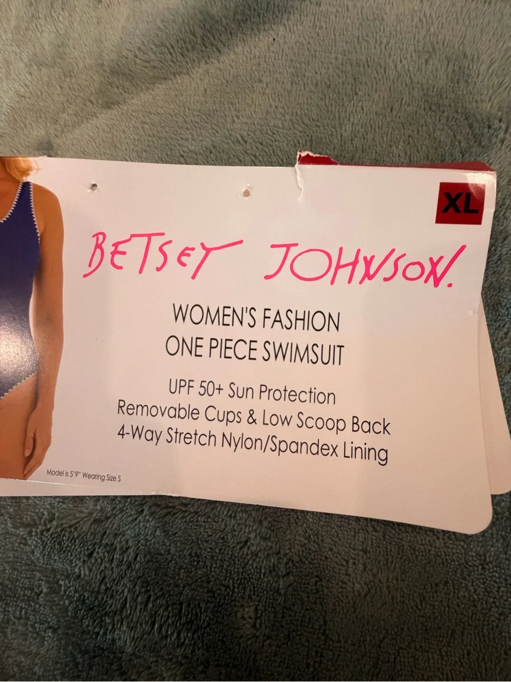 Betsey Johnson Women XL Blue One Piece Swimsuit White Crochet Trim UPF 50+